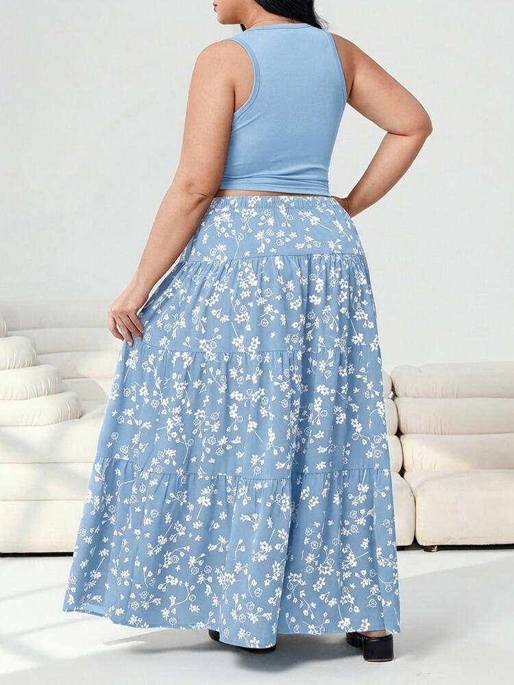 Solflare Plus Size Women 2-Piece Set: Solid Color Tank Top And Floral Print Skirt - Blue - View 2