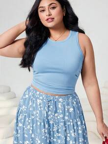 Solflare Plus Size Women 2-Piece Set: Solid Color Tank Top And Floral Print Skirt - Blue - View 5