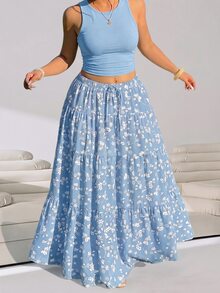 Solflare Plus Size Women 2-Piece Set: Solid Color Tank Top And Floral Print Skirt - Blue - View 1