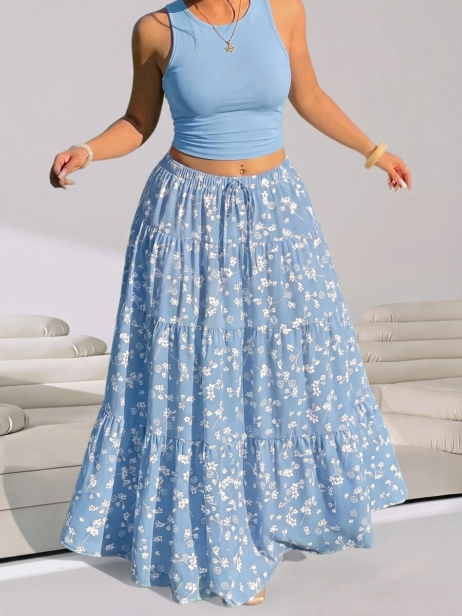 Solflare Plus Size Women 2-Piece Set: Solid Color Tank Top And Floral Print Skirt - Blue - View 1