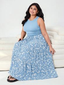 Solflare Plus Size Women 2-Piece Set: Solid Color Tank Top And Floral Print Skirt - Blue - View 6