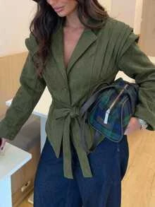 Aloruh Jaket Wanita Musim Gugur/Dingin Warna Hijau, Bahu Lebar, Pinggang Ramping, dan Bagian Bawah Model Payung - Hijau - View 10