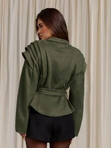 Aloruh Jaket Wanita Musim Gugur/Dingin Warna Hijau, Bahu Lebar, Pinggang Ramping, dan Bagian Bawah Model Payung - Hijau - View 3