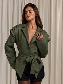 Aloruh Jaket Wanita Musim Gugur/Dingin Warna Hijau, Bahu Lebar, Pinggang Ramping, dan Bagian Bawah Model Payung - Hijau - View 8