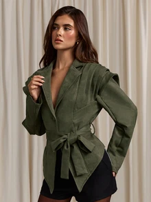 Aloruh Jaket Wanita Musim Gugur/Dingin Warna Hijau, Bahu Lebar, Pinggang Ramping, dan Bagian Bawah Model Payung - Hijau - View 5