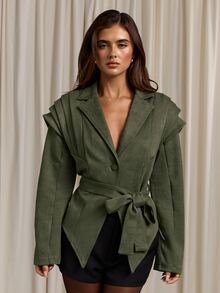 Aloruh Jaket Wanita Musim Gugur/Dingin Warna Hijau, Bahu Lebar, Pinggang Ramping, dan Bagian Bawah Model Payung - Hijau - View 13