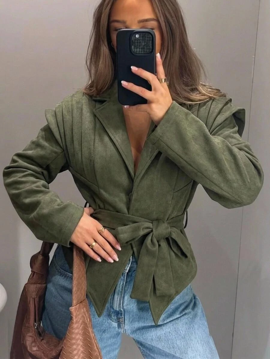 Aloruh Jaket Wanita Musim Gugur/Dingin Warna Hijau, Bahu Lebar, Pinggang Ramping, dan Bagian Bawah Model Payung