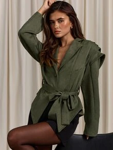 Aloruh Jaket Wanita Musim Gugur/Dingin Warna Hijau, Bahu Lebar, Pinggang Ramping, dan Bagian Bawah Model Payung - Hijau - View 7