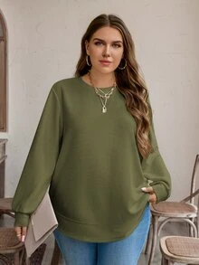 SHEIN LUNE 大尺碼女款純色極簡長袖運動衫，適合日常穿著、度假穿搭、秋季 - 綠色 - 查看 4
