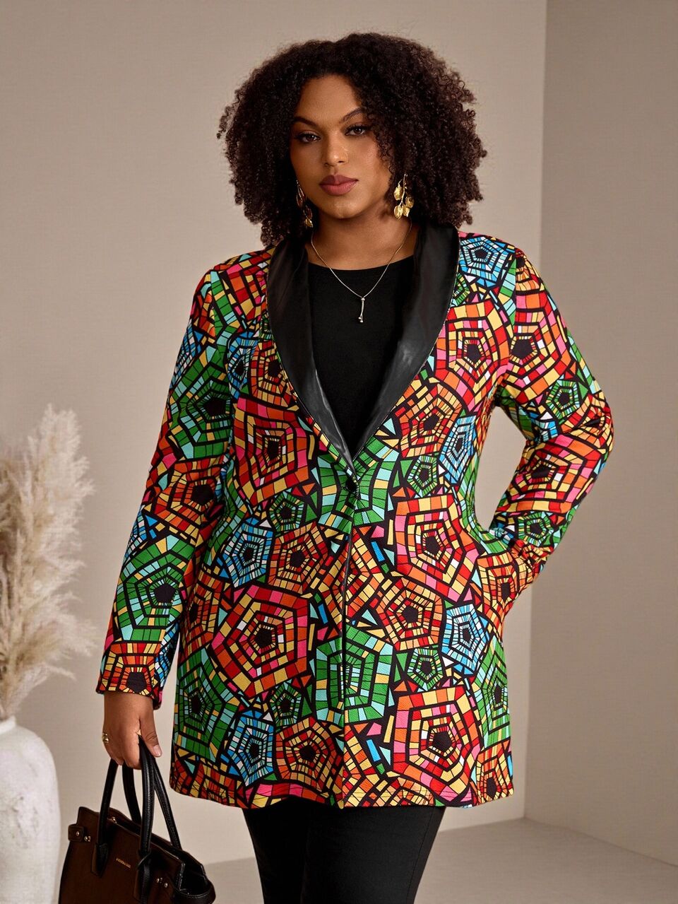 Plus Size Women's Autumn/Winter Casual Elegant Fashion Geometry Print Patchwork PU Leather Jacket With Pockets, Party Morning Office Rodeo, Red