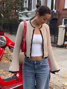 SHEIN PariChic 女款修身開襟針織衫，喇叭袖口對比包邊金鈕扣圓領優雅商務休閒老錢風米色黑色針織外套 - 卡其色 - 查看 5