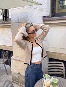 SHEIN PariChic 女款修身開襟針織衫，喇叭袖口對比包邊金鈕扣圓領優雅商務休閒老錢風米色黑色針織外套 - 卡其色 - 查看 6