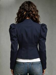 SHEIN Jaket Wanita Kasual Elegan Musim Gugur/Dingin, Cocok untuk Perjalanan, Lengan Model Leg-Of-Gigot, Kancing Depan Terbuka, Bahu Reguler, Kerah Tegak, Potongan Pendek - Navy Blue - View 3