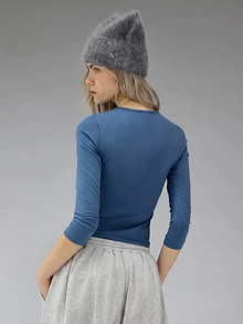 COUREZ 女款長袖針織上衣，正面圖案印花，Y2K風格，外出穿著，冬季女上衣，藍色圖案T恤，可愛夏季上衣 - 藍色 - 查看 3