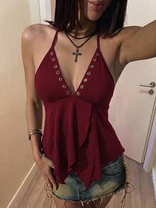 SHEIN ICON 女款純色鏤空設計性感掛脖背心 - 酒紅色 - 查看 8