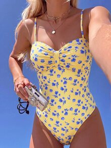 SHEIN Swim Swim Women Ditsy Floral Ruched Detail Spaghetti Strap One Piece Swimsuit - Multicolor - View 5