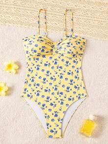 SHEIN Swim Swim Women Ditsy Floral Ruched Detail Spaghetti Strap One Piece Swimsuit - Multicolor - View 1