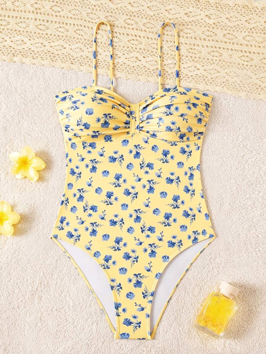 SHEIN Swim Swim Women Ditsy Floral Ruched Detail Spaghetti Strap One Piece Swimsuit - Multicolor - View 1