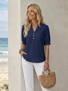 EMERY ROSE Women's Textured Fabric Navy Blue Shirt, Versatile For Work Office, Commuting, Casual Elegant, Teacher, Back To School Season Summer - Blue - View 7
