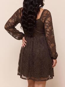 CovetEZ Spring/Autumn New Vintage Brown Lace Patchwork Ruffle Hem A-Line Long Sleeve Casual Plus Size Dress Fall - Brown - View 2