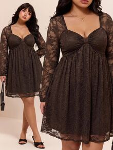 CovetEZ Spring/Autumn New Vintage Brown Lace Patchwork Ruffle Hem A-Line Long Sleeve Casual Plus Size Dress Fall - Brown - View 5