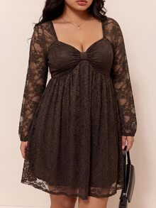 CovetEZ Spring/Autumn New Vintage Brown Lace Patchwork Ruffle Hem A-Line Long Sleeve Casual Plus Size Dress Fall - Brown - View 4