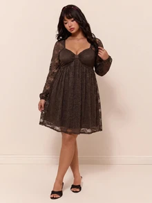 CovetEZ Spring/Autumn New Vintage Brown Lace Patchwork Ruffle Hem A-Line Long Sleeve Casual Plus Size Dress Fall - Brown - View 8
