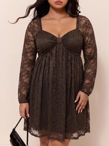 CovetEZ Spring/Autumn New Vintage Brown Lace Patchwork Ruffle Hem A-Line Long Sleeve Casual Plus Size Dress Fall - Brown - View 9
