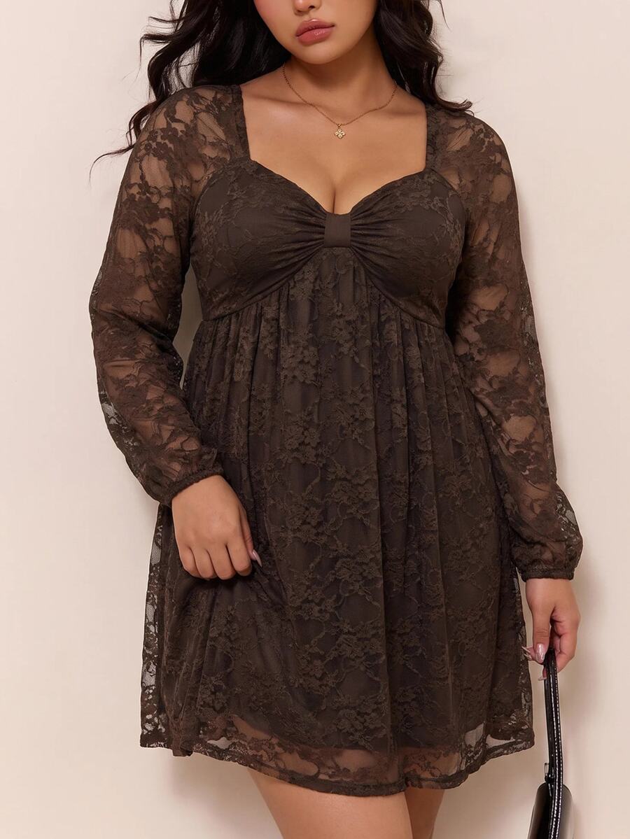 CovetEZ Spring/Autumn New Vintage Brown Lace Patchwork Ruffle Hem A-Line Long Sleeve Casual Plus Size Dress Fall - Brown - View 1