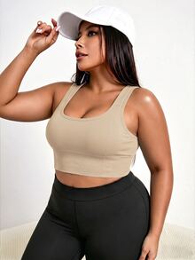 SHEIN Sports 1pc Plus Size Sleeveless Tank Top, Light Khaki, Activewear/Yoga - Khaki - View 5