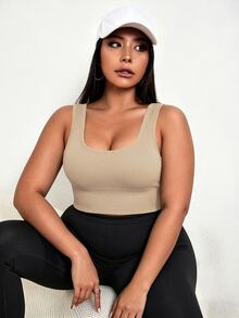 SHEIN Sports 1pc Plus Size Sleeveless Tank Top, Light Khaki, Activewear/Yoga - Khaki - View 6