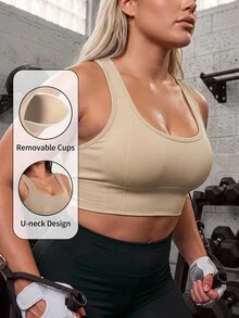 SHEIN Sports 1pc Plus Size Sleeveless Tank Top, Light Khaki, Activewear/Yoga - Khaki - View 3