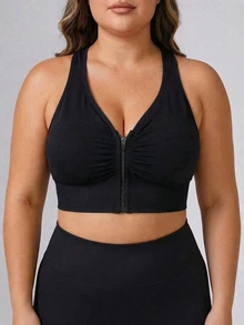 SHEIN Sports 女士无缝纯色运动文胸，镂空后背设计，褶皱拉链运动加大码文胸 - 黑色 - 查看 4