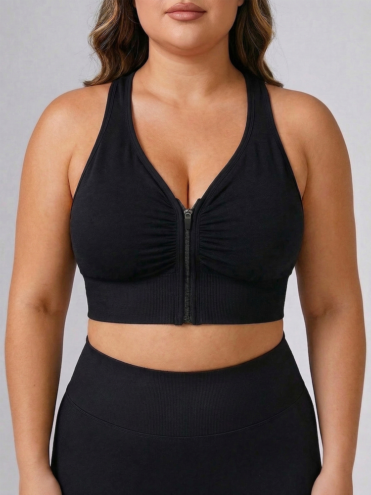 SHEIN Sports Women's Seamless Solid Color Sports Bra, Hollow Back Design, Pleated Zipper Sports Plus Size Bra - Black - View 4