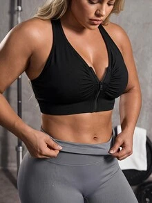 SHEIN Sports 女士无缝纯色运动文胸，镂空后背设计，褶皱拉链运动加大码文胸 - 黑色 - 查看 3