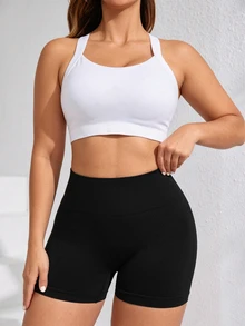 SHEIN Sports Celana Pendek Olahraga Wanita Ukuran Besar Tanpa Jahitan - Hitam - View 5