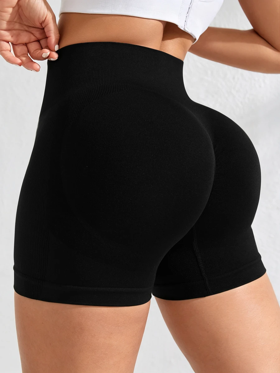 SHEIN Sports Celana Pendek Olahraga Wanita Ukuran Besar Tanpa Jahitan - Hitam - View 1