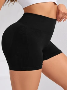 SHEIN Sports Celana Pendek Olahraga Wanita Ukuran Besar Tanpa Jahitan - Hitam - View 2
