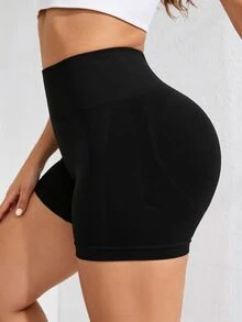 SHEIN Sports Celana Pendek Olahraga Wanita Ukuran Besar Tanpa Jahitan - Hitam - View 7