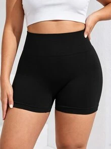 SHEIN Sports Celana Pendek Olahraga Wanita Ukuran Besar Tanpa Jahitan - Hitam - View 4