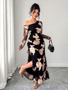 SHEIN Tall CURVE Plus Size Women's Black And Gold Lace Mesh Applique Long Sleeve Elegant Mermaid One Shoulder Formal Party Cocktail Evening Gown Slimming Autumn - Gold - View 5