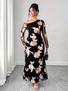 SHEIN Tall CURVE Plus Size Women's Black And Gold Lace Mesh Applique Long Sleeve Elegant Mermaid One Shoulder Formal Party Cocktail Evening Gown Slimming Autumn - Gold - View 4