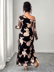SHEIN Tall CURVE Plus Size Women's Black And Gold Lace Mesh Applique Long Sleeve Elegant Mermaid One Shoulder Formal Party Cocktail Evening Gown Slimming Autumn - Gold - View 7