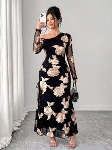 SHEIN Tall CURVE Plus Size Women's Black And Gold Lace Mesh Applique Long Sleeve Elegant Mermaid One Shoulder Formal Party Cocktail Evening Gown Slimming Autumn - Gold - View 1