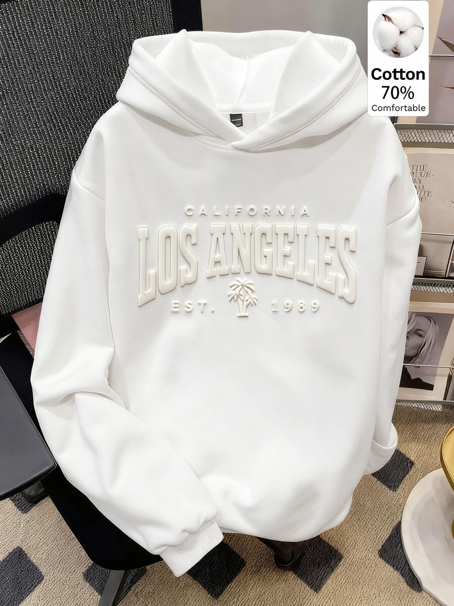 Lonveris 男士字母圖案連帽休閒日常長袖衛衣 - 白色 - 查看 1