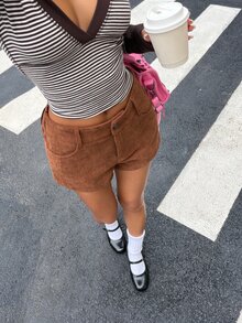 Muchica Shades Of Brown 女款燈芯絨休閒短褲，90年代風格，百搭，附口袋，秋冬學院風，適合派對、日常、上班，西式風格 - 咖啡棕 - 查看 6