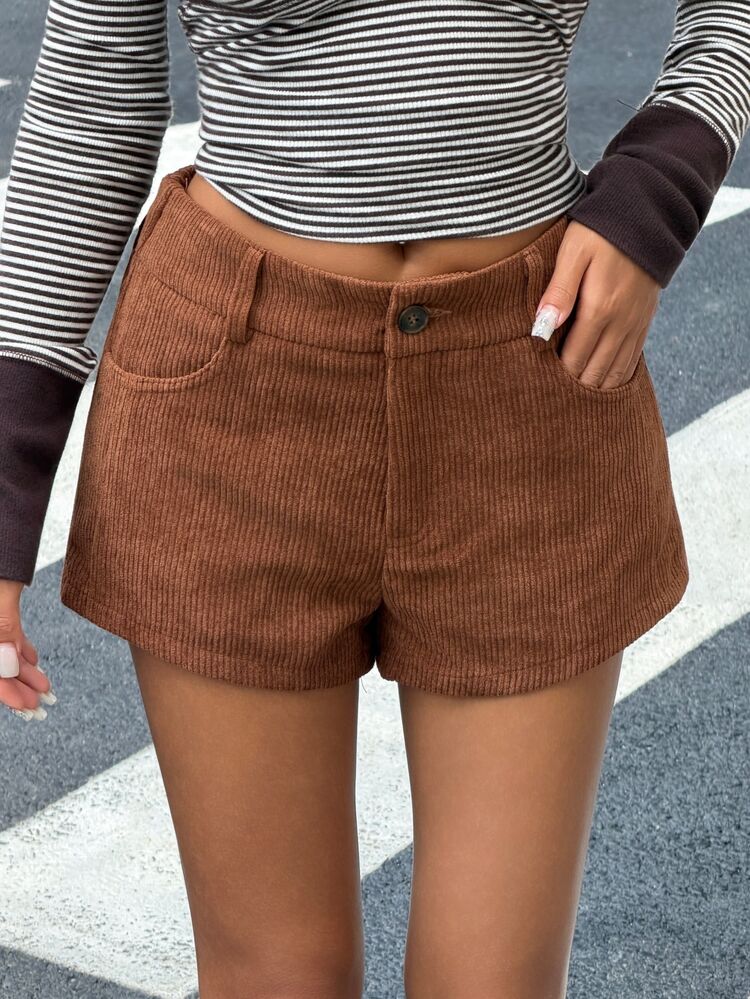 Muchica Shades Of Brown Corduroy Women's Casual 90s Versatile Shorts With Pockets Autumn Winter College Outfit Party Everyday Work Western Style - Coffee Brown - View 3