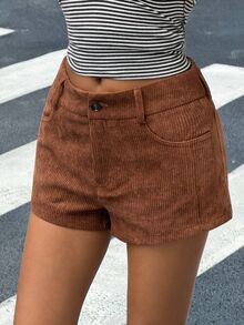 Muchica Shades Of Brown 女款燈芯絨休閒短褲，90年代風格，百搭，附口袋，秋冬學院風，適合派對、日常、上班，西式風格 - 咖啡棕 - 查看 4
