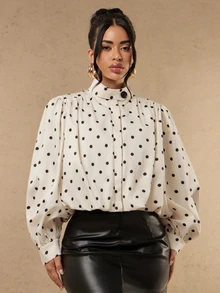 Silquee 優雅復古波點大衣,適合秋冬穿著,獨特百搭百褶設計,浪漫泡泡袖,立領 - 彩色 - 查看 8