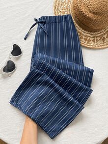 SHEIN Tween Girl Striped Casual Kids Versatile Daily Wear Long Pants - Navy Blue - View 2